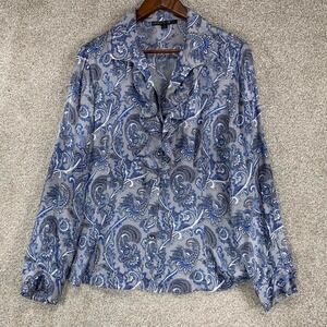 Lafayette 148 New York 100% Silk Ruffle Blouse Blue Grey Paisley‎ Luxury *Stain*